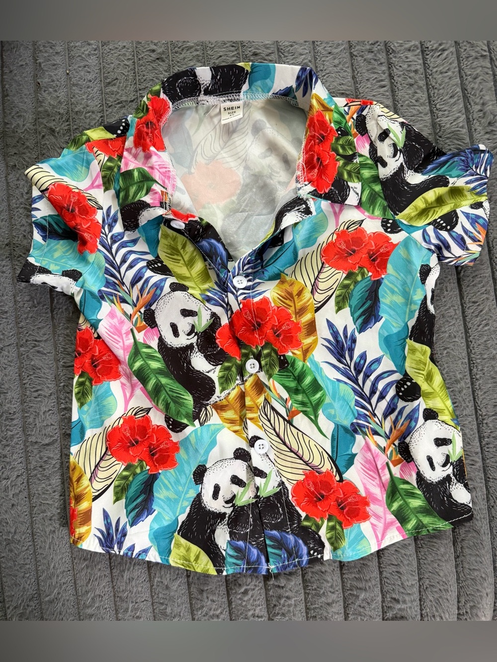 SHEIN Colorful Panda Tropical Hawaiian Button-Up Shirt - Red, Green, Blue